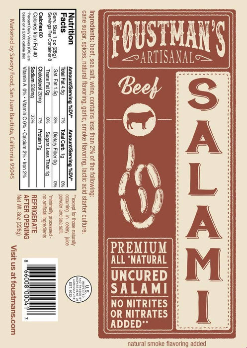 BEEF SALAMI | FOUSTMAN'S ALL-NATURAL UNCURED SALAMI - 8oz