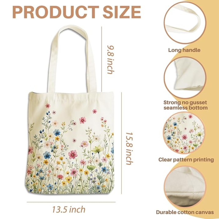 Wildflower Canvas Tote Bag with Inner Pocket