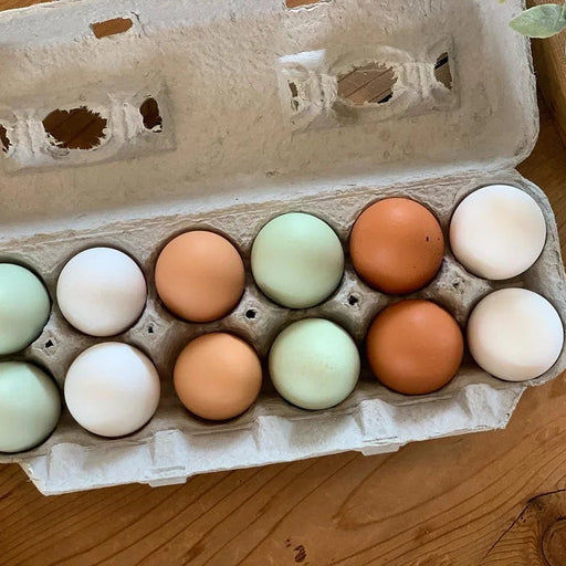 An open cardboard egg carton holding 12 eggs in two rows, with four pastel eggs in mint green and four in light brown, placed on a wooden tabletop.